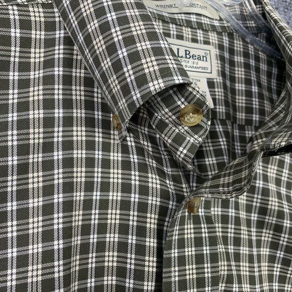 LL Bean Button Down Shirt Men L Green Ivory Check Plaid Long Sleeve No Wrinkle - Picture 5 of 13